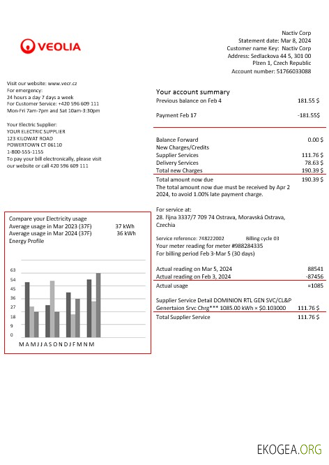 Tchéquie Veolia Energy République tchèque facture de services publics pour les entreprises d'énergie aux formats Word et PDF1